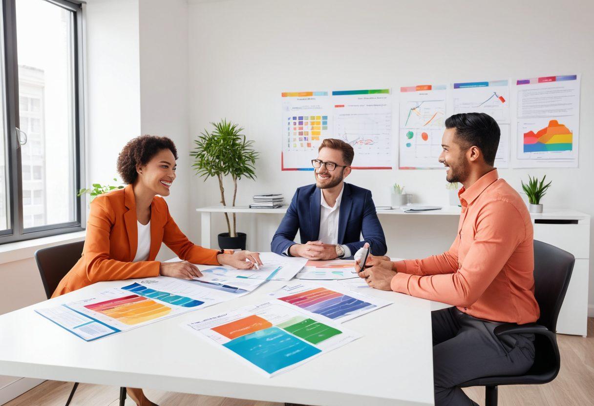 A minimalist illustration depicting a friendly insurance agent sitting at a desk, surrounded by colorful charts and comparison sheets. The agent is explaining options to a diverse couple eager to learn, with a backdrop of a modern agency office. Bright, inviting colors to convey simplicity and clarity in the insurance process. super-realistic. vibrant colors. white background.