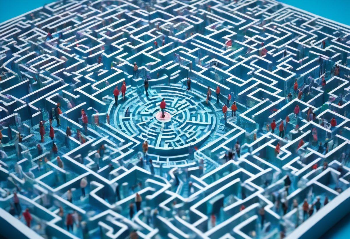 A detailed labyrinth made of insurance policy documents, featuring a diverse group of people (a family, a business owner, and a healthcare worker) navigating through the maze, each holding a compass labeled 'Coverage' and 'Trust.' Brightly colored markers guide them, illustrating different types of insurance. The backdrop is a clear blue sky, symbolizing clarity and guidance on their journey. vibrant colors. super-realistic.